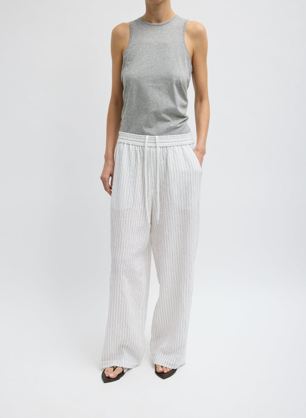 Crinkle Stripe Summer Suiting Wide Leg Pull On Pant | Tibi