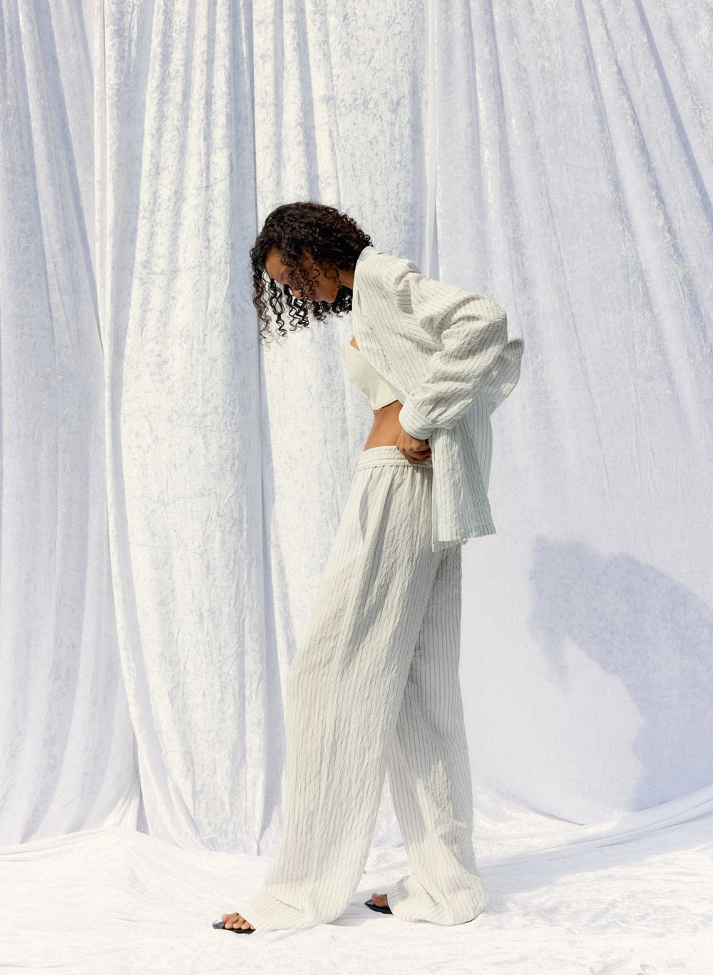 Crinkle Stripe Summer Suiting Wide Leg Pull On Pant | Tibi