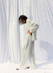 Crinkle Stripe Summer Suiting Wide Leg Pull On Pant | Tibi