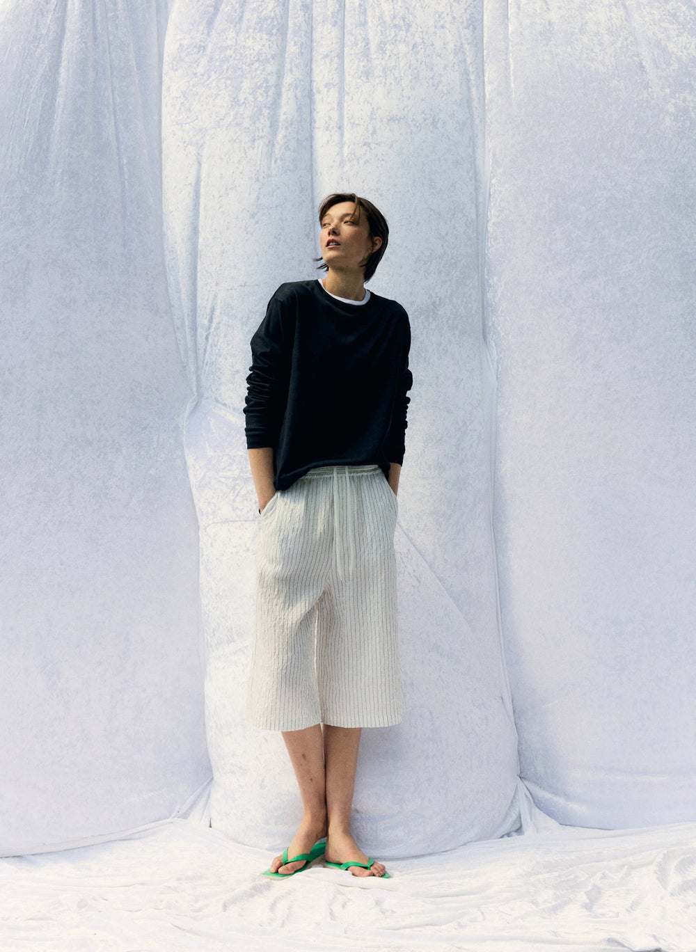Sheer Crepe Knit Crewneck Unisex Long Sleeve T-Shirt | Tibi