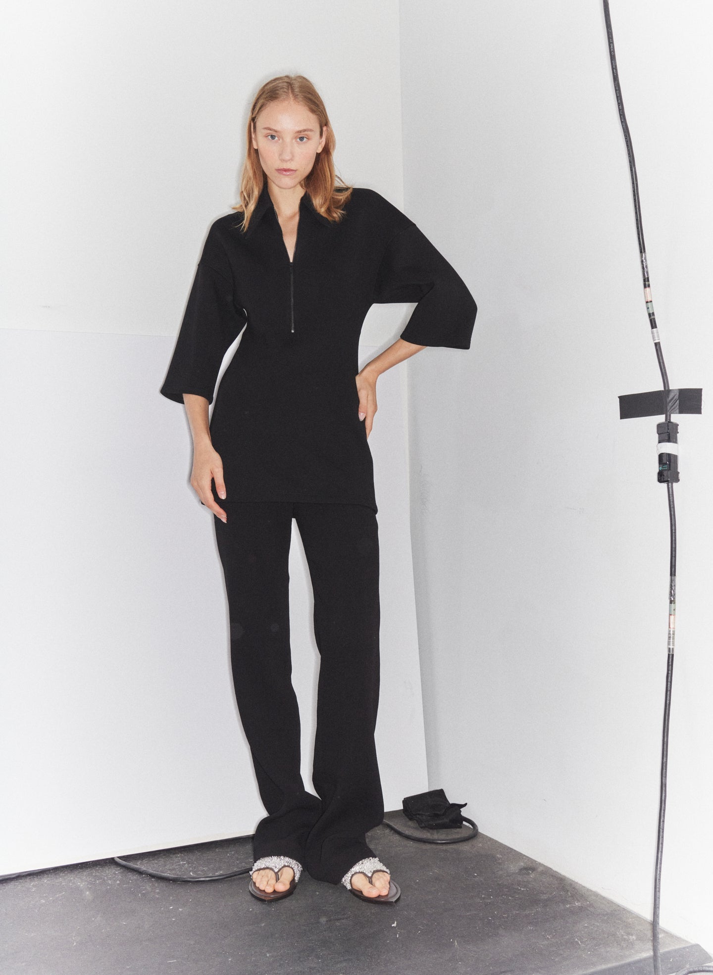 Bonded Viscose Zip Front Short Sleeve Slim Tunic | Tibi