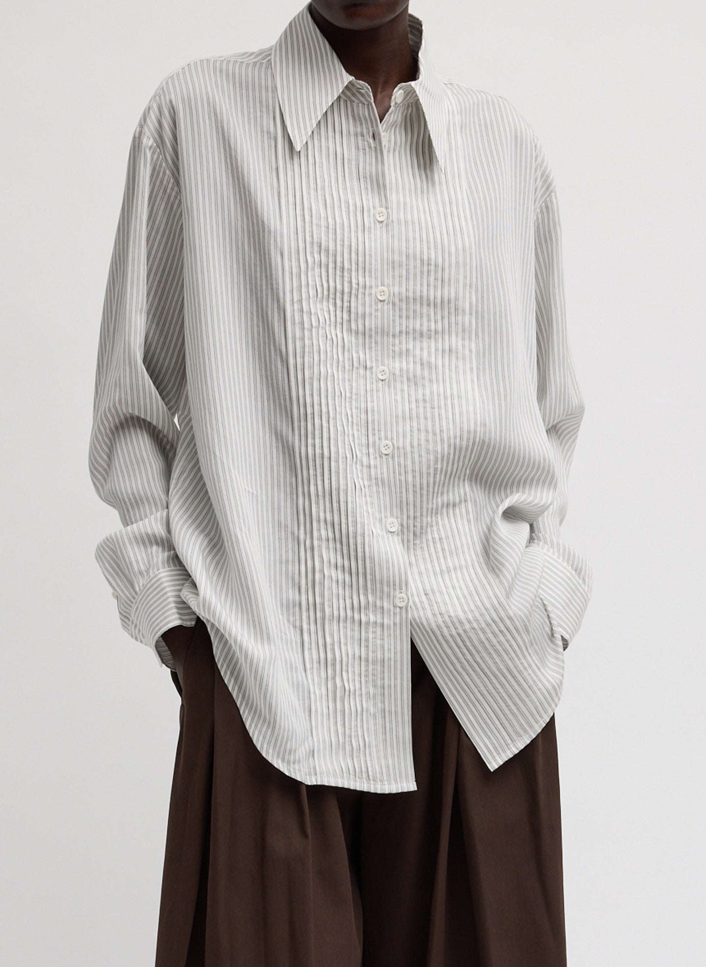 Ultra Light Silk Tencel Striped Pintucked Shirt | Tibi