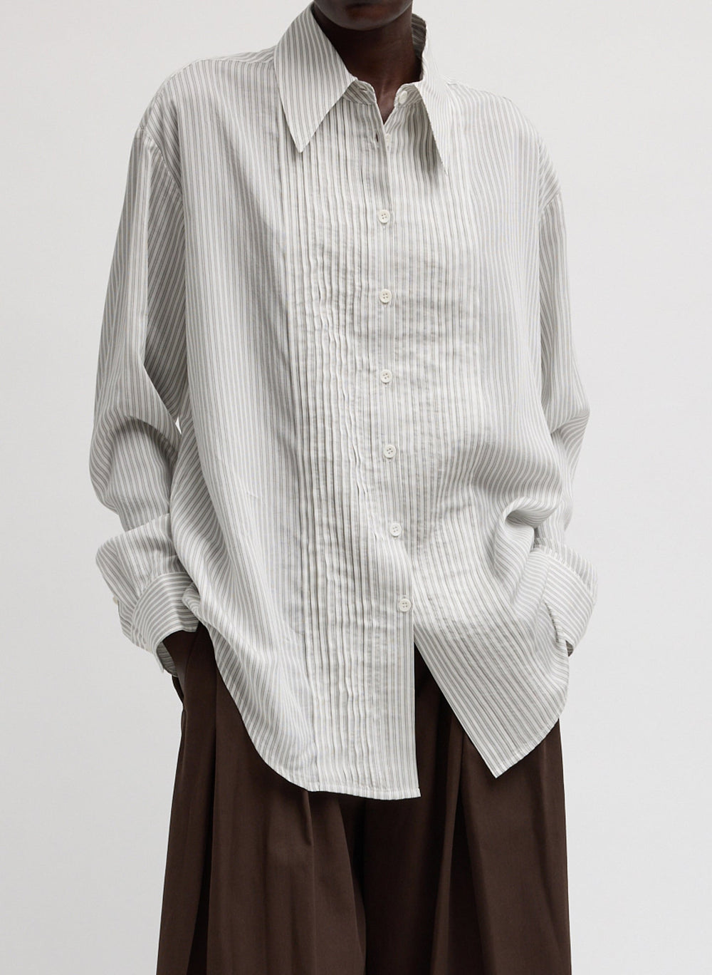 Ultra Light Silk Tencel Striped Pintucked Shirt | Tibi
