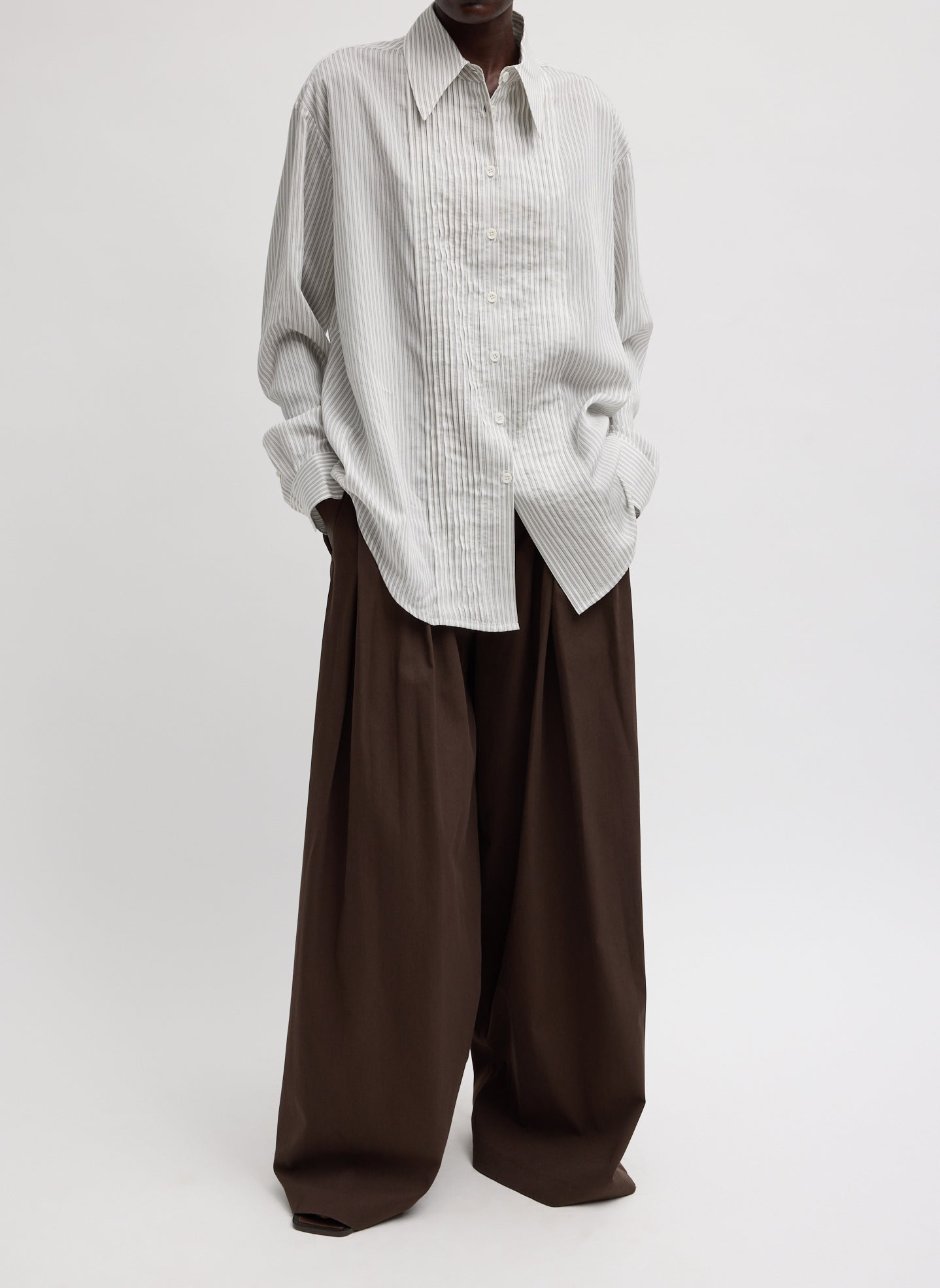 Ultra Light Silk Tencel Striped Pintucked Shirt | Tibi