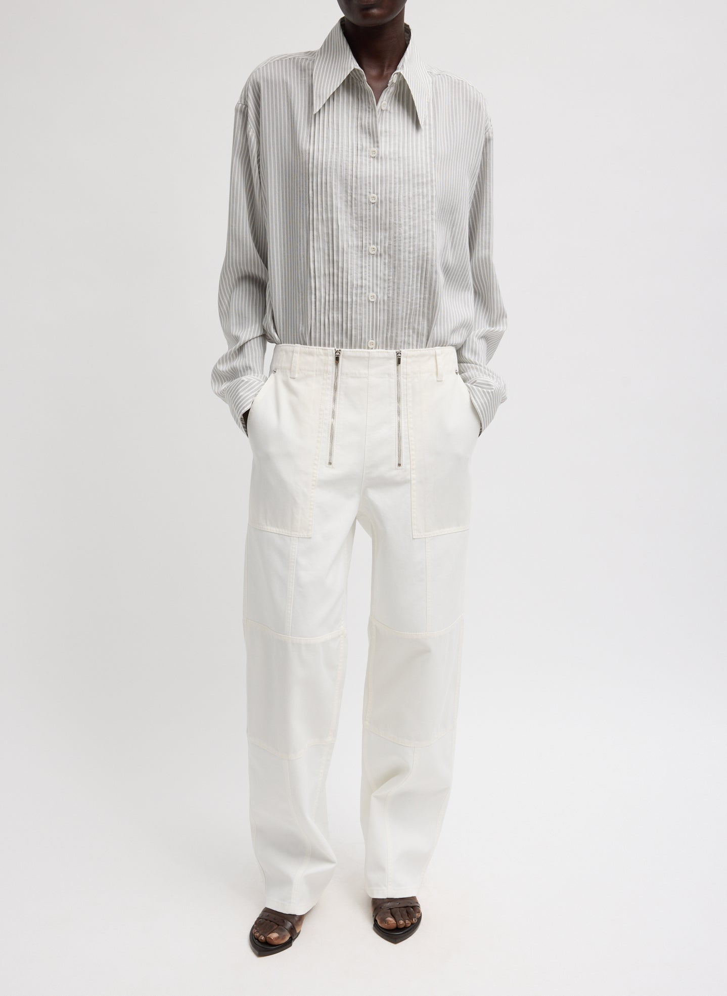 Ultra Light Silk Tencel Striped Pintucked Shirt | Tibi