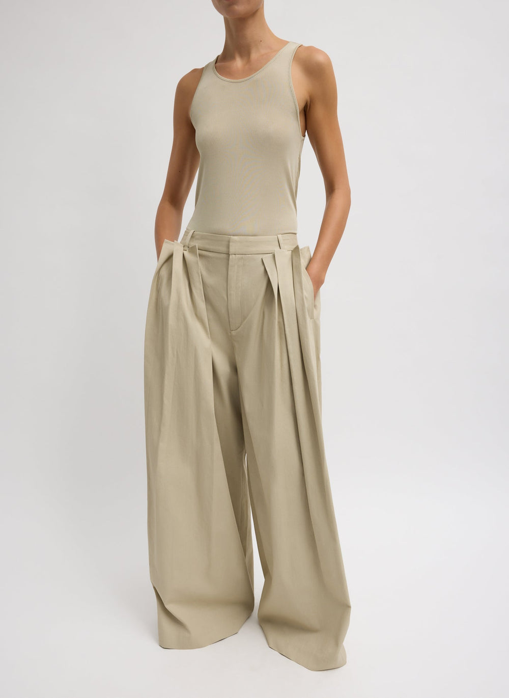 Luxe Spring Twill Tucked Pleated Wide Leg Trouser | Tibi