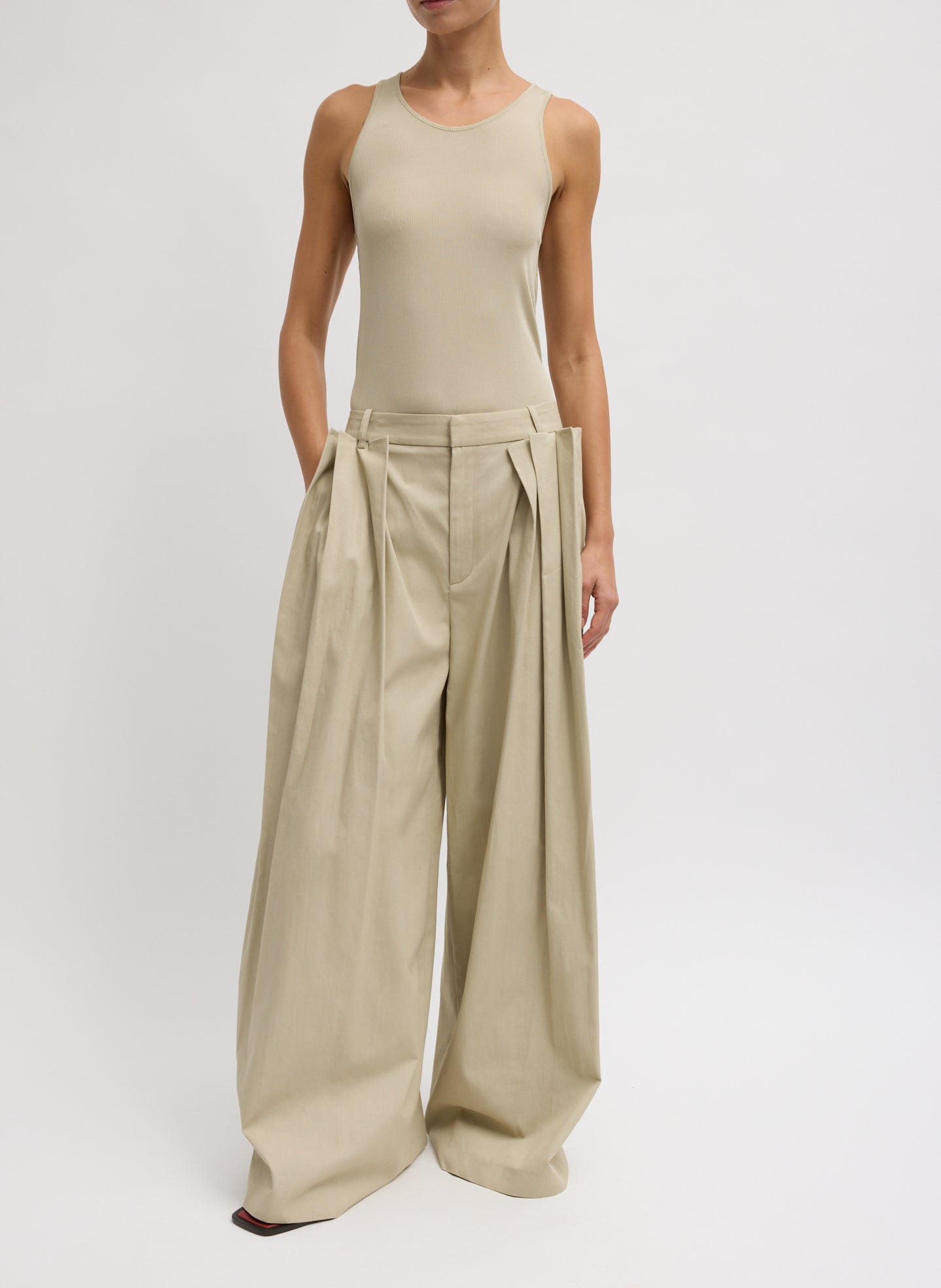 Luxe Spring Twill Tucked Pleated Wide Leg Trouser | Tibi