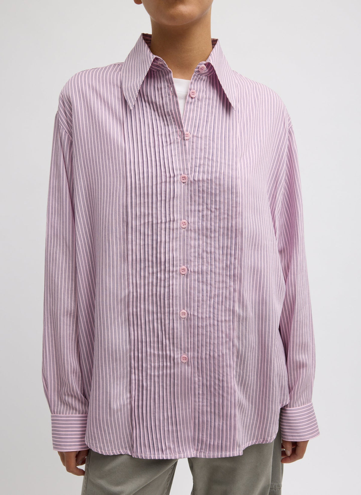 Ultra Light Silk Tencel Striped Pintucked Shirt | Tibi