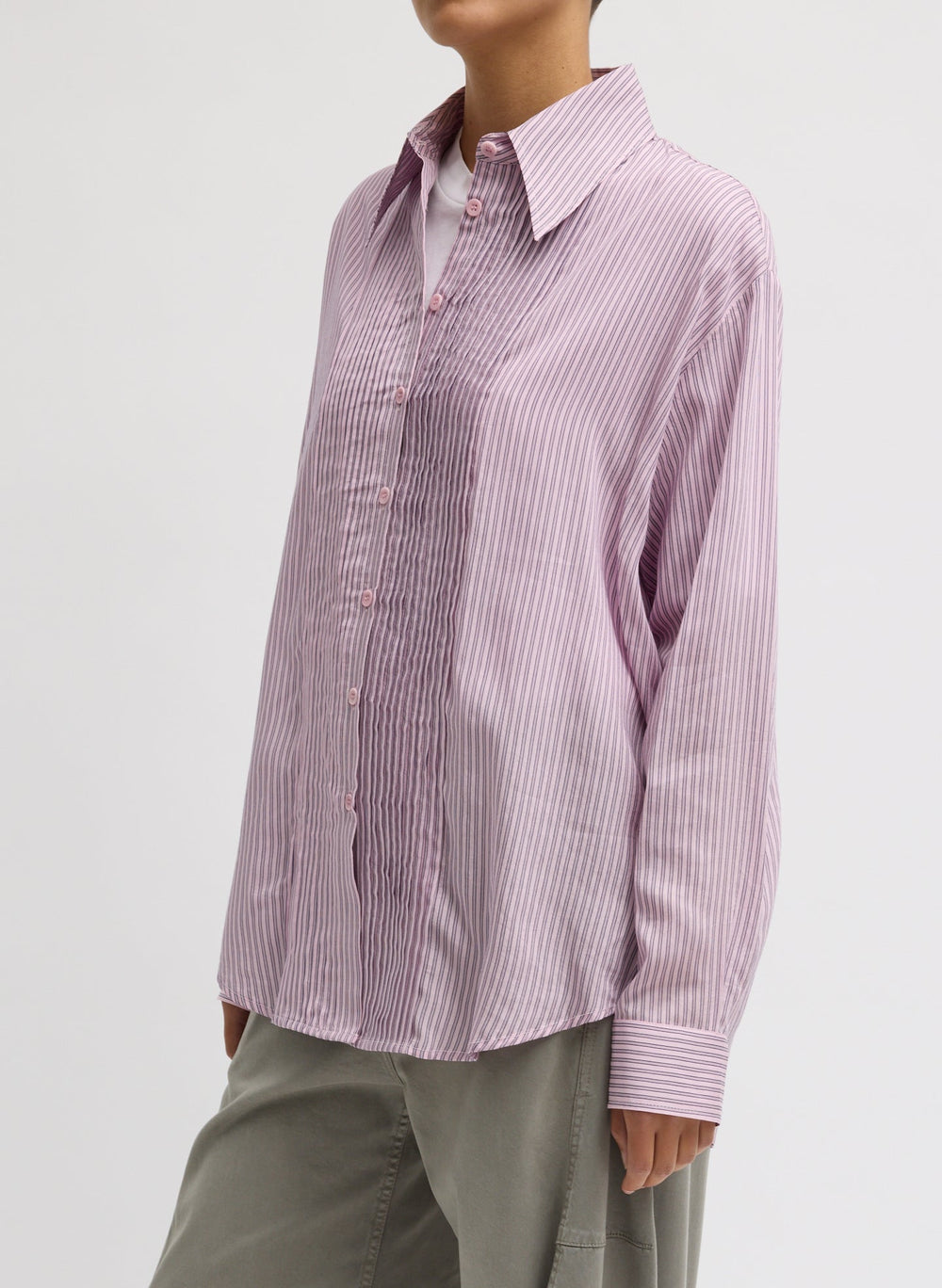 Ultra Light Silk Tencel Striped Pintucked Shirt | Tibi