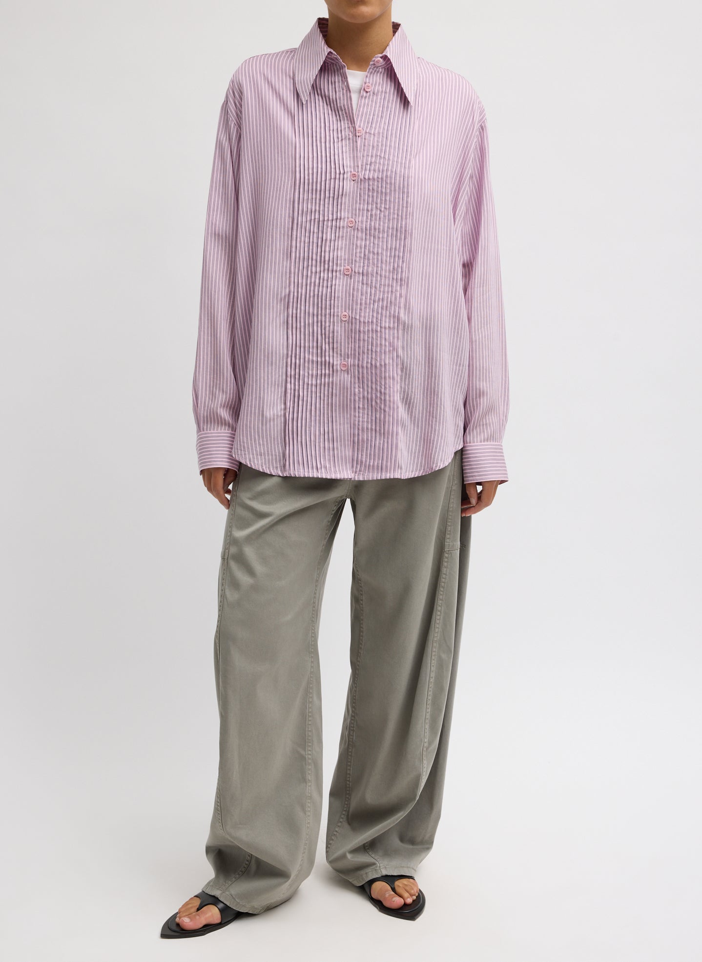 Ultra Light Silk Tencel Striped Pintucked Shirt | Tibi