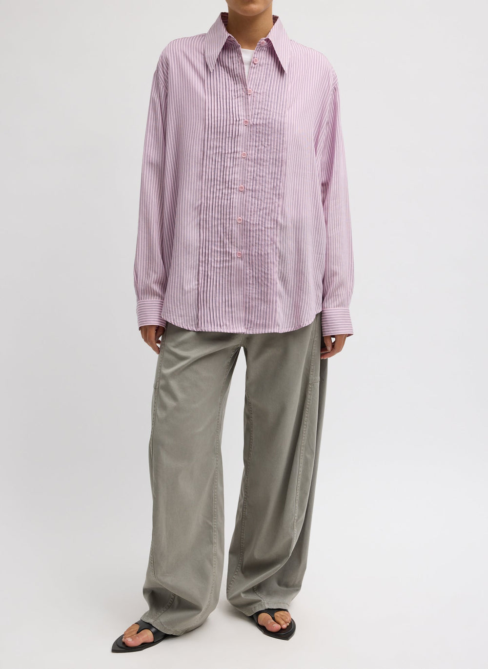 Ultra Light Silk Tencel Striped Pintucked Shirt | Tibi