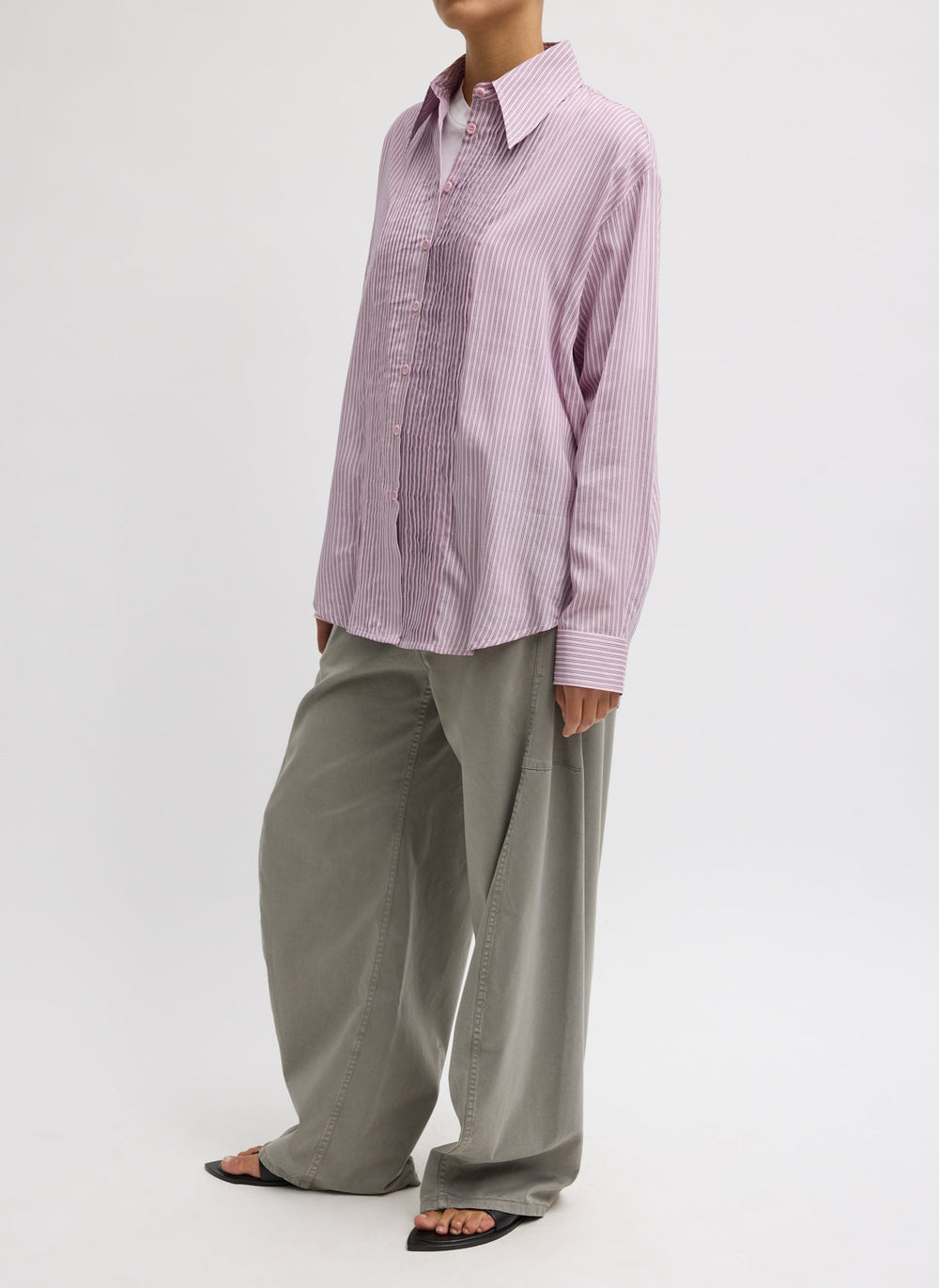 Ultra Light Silk Tencel Striped Pintucked Shirt | Tibi
