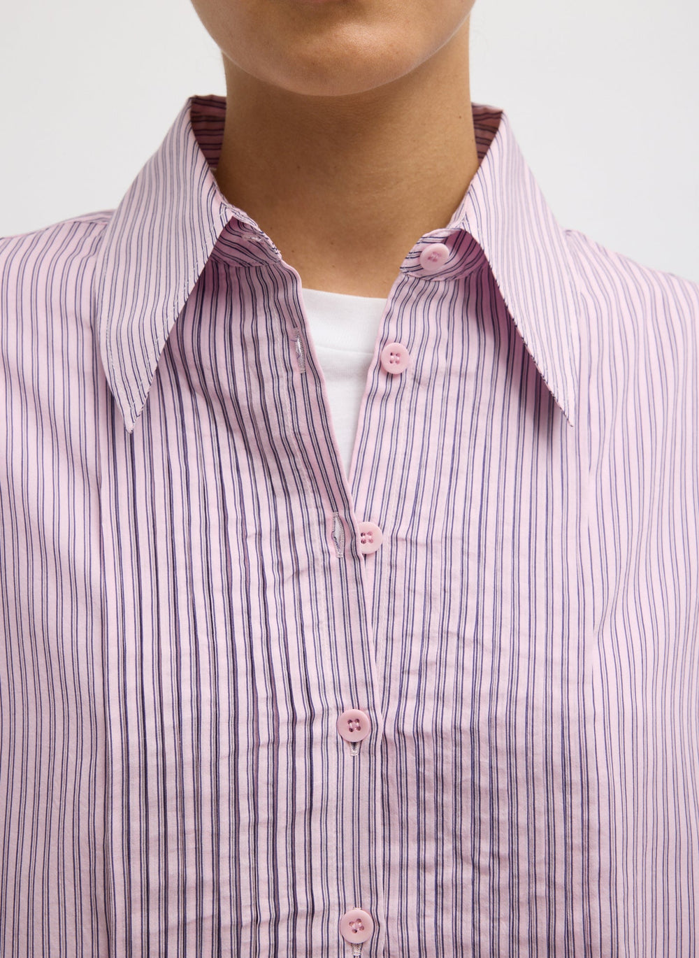 Ultra Light Silk Tencel Striped Pintucked Shirt | Tibi