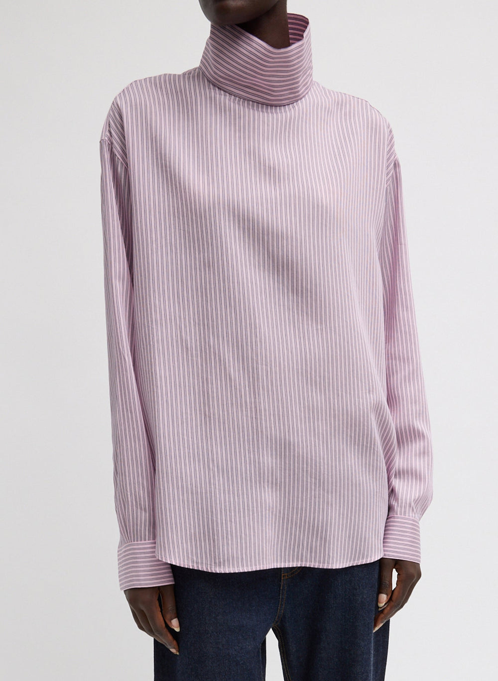 Ultra Light Silk Tencel Striped Funnel Neck Shirt | Tibi