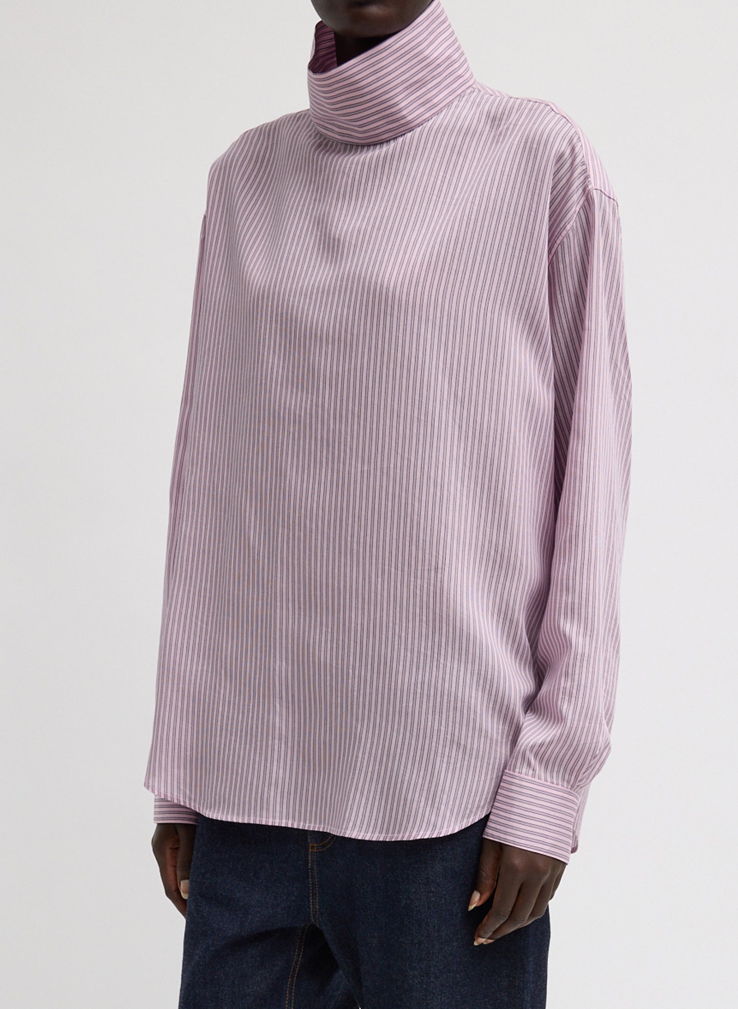 Ultra Light Silk Tencel Striped Funnel Neck Shirt | Tibi