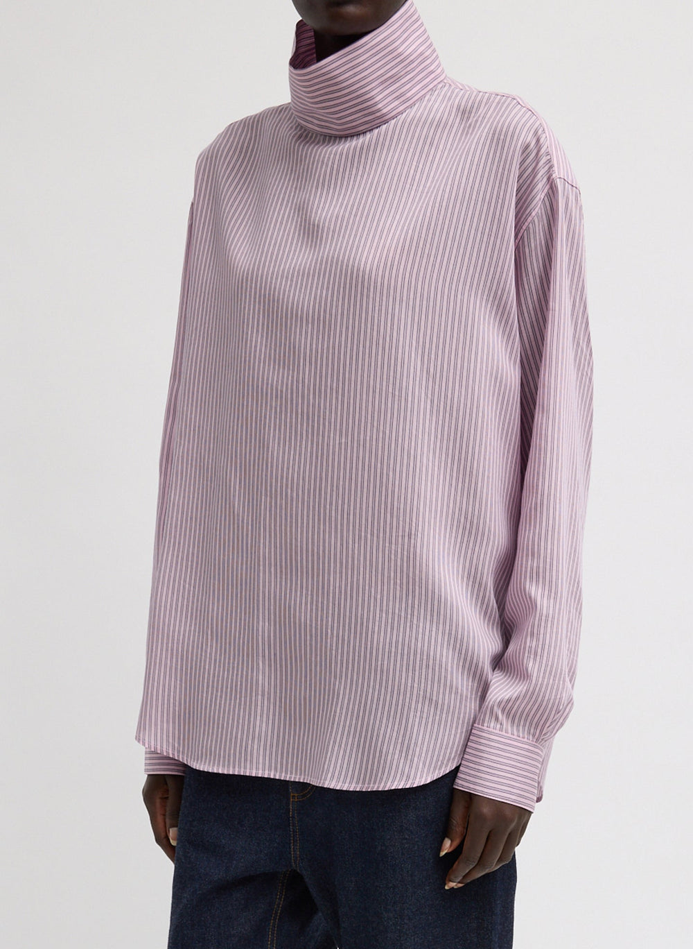 Ultra Light Silk Tencel Striped Funnel Neck Shirt | Tibi