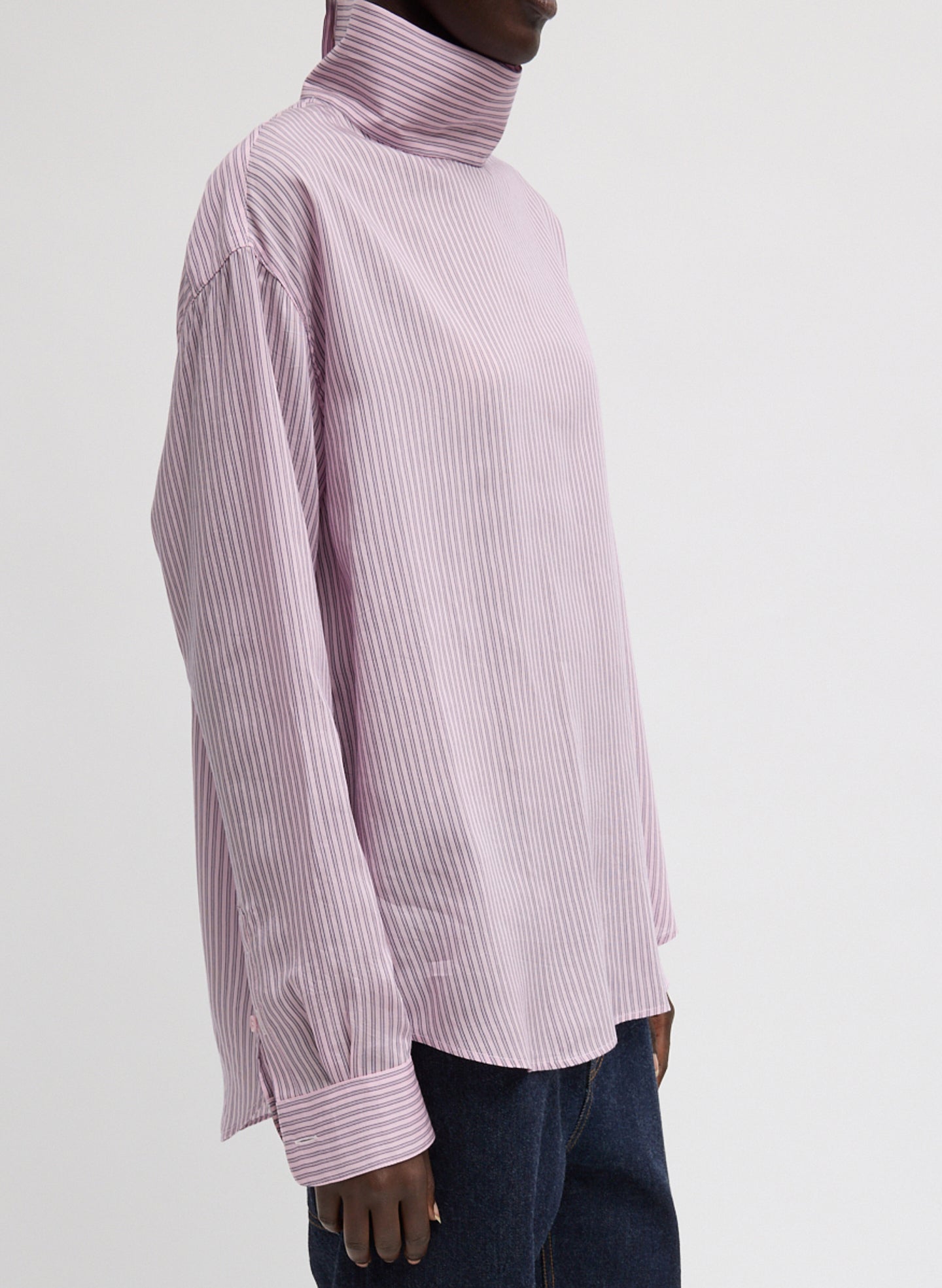 Ultra Light Silk Tencel Striped Funnel Neck Shirt | Tibi