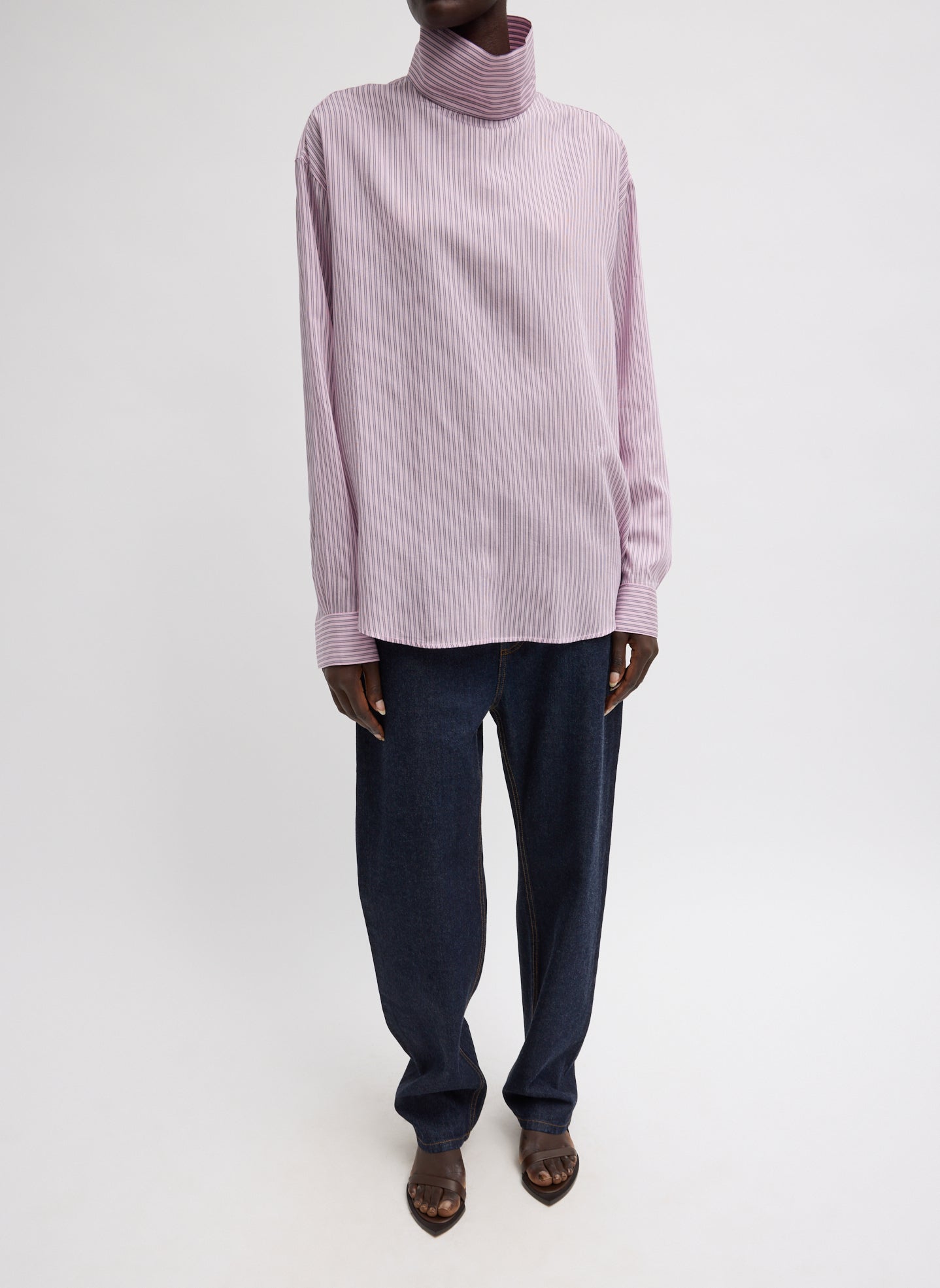 Ultra Light Silk Tencel Striped Funnel Neck Shirt | Tibi