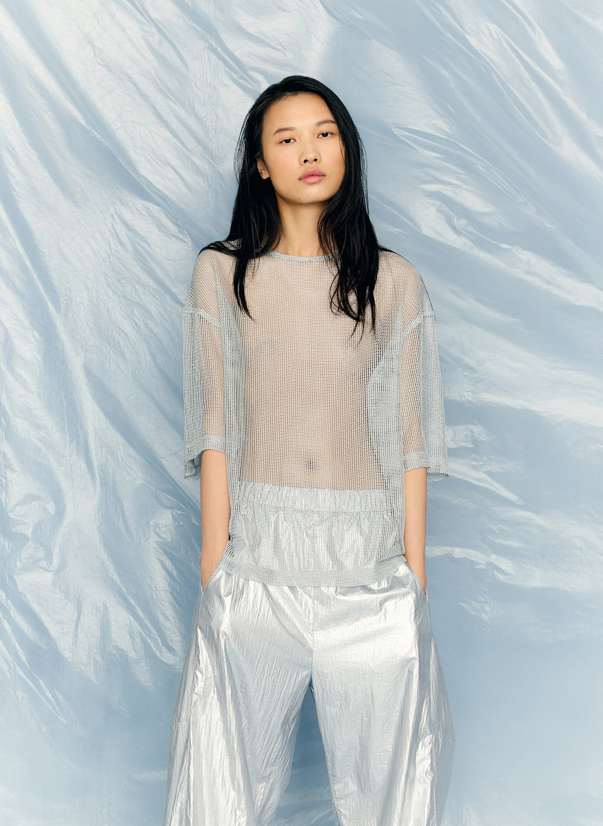 Viscose Metallic Mesh Easy T-Shirt | Tibi