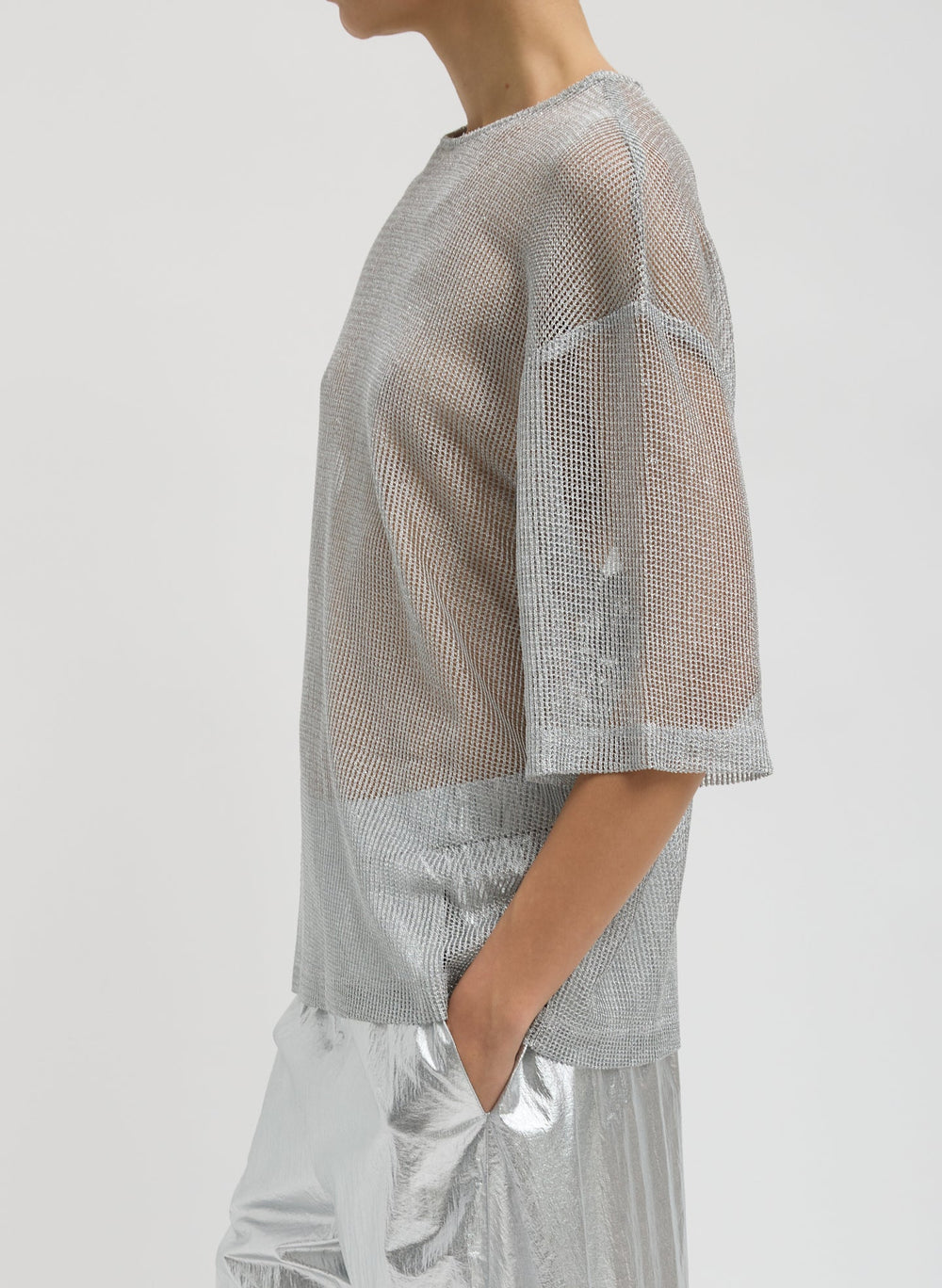 Viscose Metallic Mesh Easy T-Shirt | Tibi