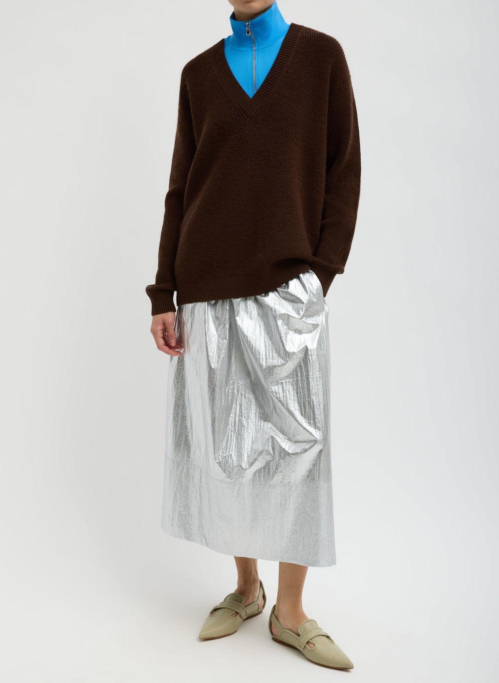 Silver Metallic Nylon Pull On Full Skirt | Tibi