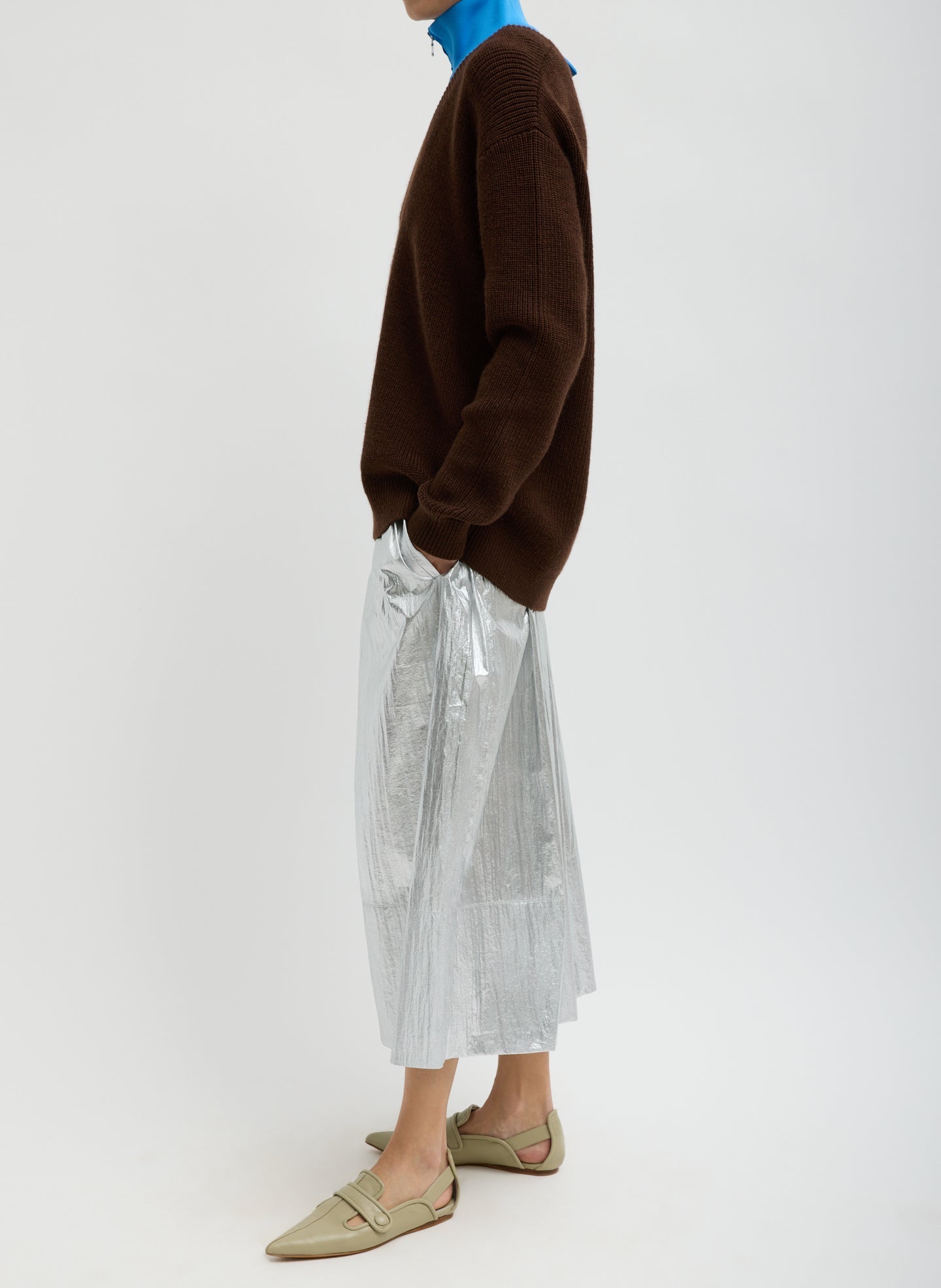 Silver Metallic Nylon Pull On Full Skirt | Tibi