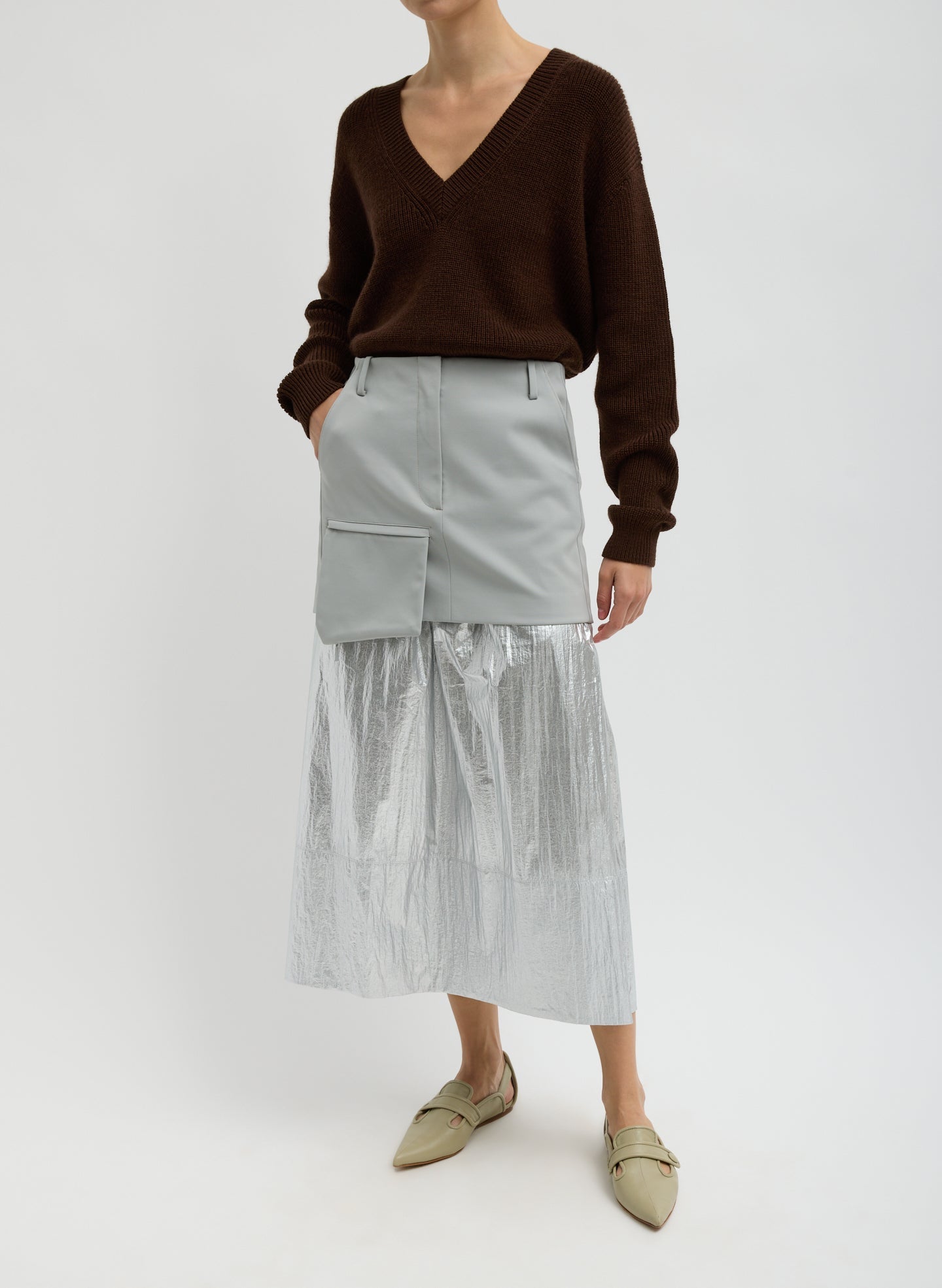 Silver Metallic Nylon Pull On Full Skirt | Tibi