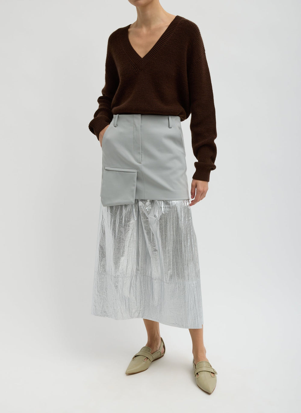 Silver Metallic Nylon Pull On Full Skirt | Tibi