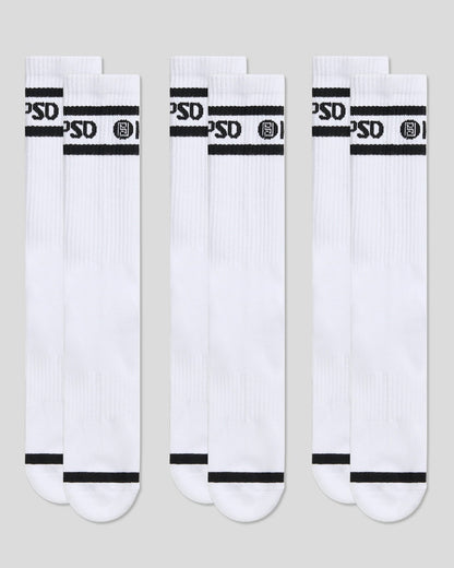PSD 3 Pack - Logo Stripe Crew - White - Crew Sock